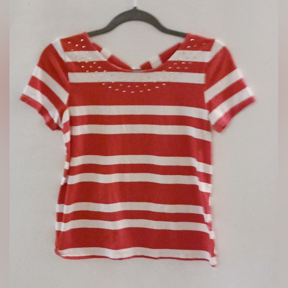 Rafaella Woman's Top, Orange & White Strips, Stud accents on front, small